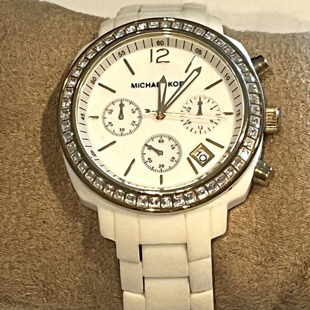 Michael Kors Watch White Ceramic Bezel Swarovski Crystal Mother Pearl Dial #5187